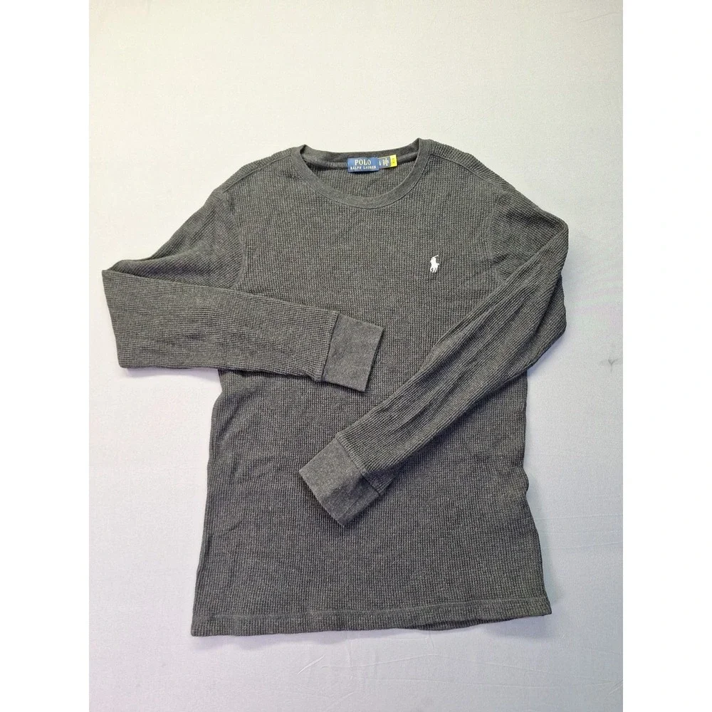 POLO RALPH LAUREN Mens Waffle Knit Thermal Long Sleeve Large Charcoal Grey‎ Pony